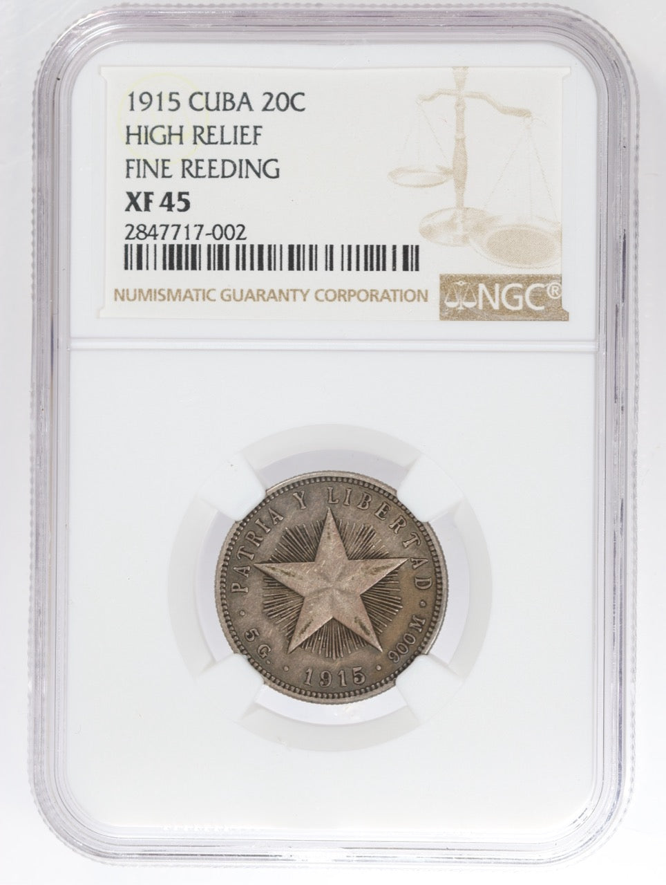 1915 Cuba 20c High Relief • Fine Reeding • NGC XF45 – TTYT