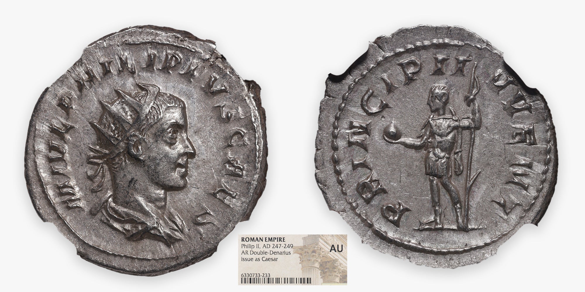 247-249 AD Roman Empire (Philip II, as Caesar) AR (Silver) Antoninianus ( Double-Denarius) NGC AU